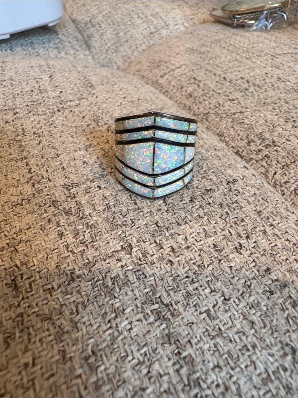 Sterling silver and White Opal Shield Ring size 9